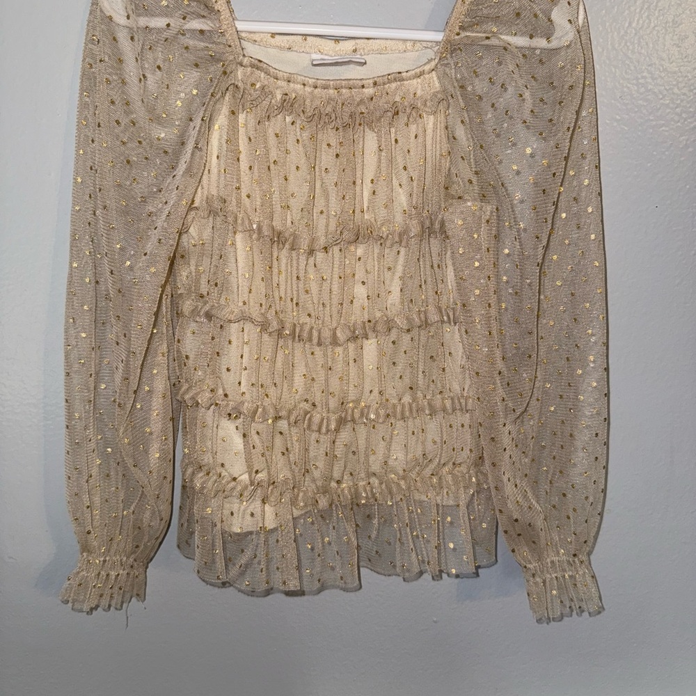Zara Gold Sheer Blouse with Ruffles